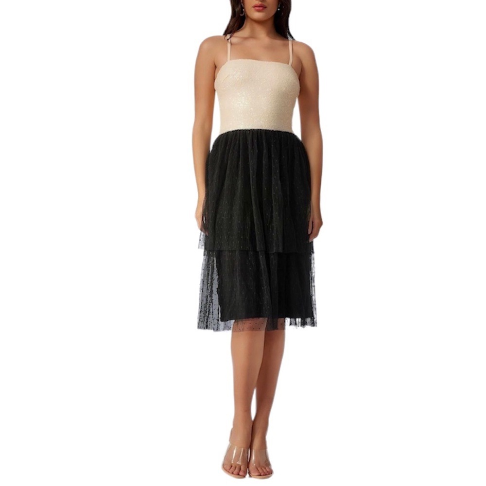 DRESS THE POPULATION Black And Cream Sequin Tiered Tulle Dress Size Medium